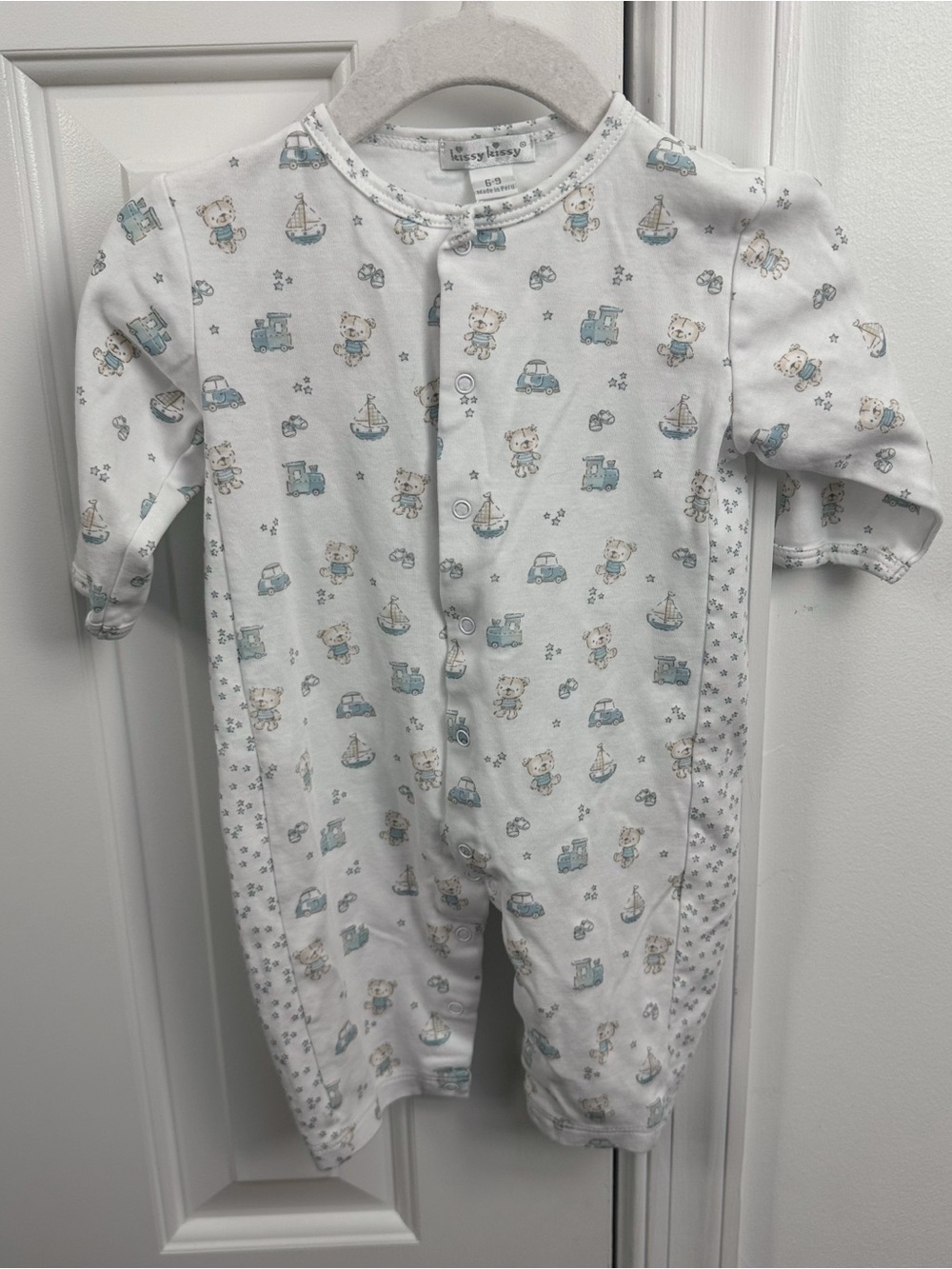 Kissy Kissy White & Blue Printed Cotton Baby One-Piece 6-9m EUC